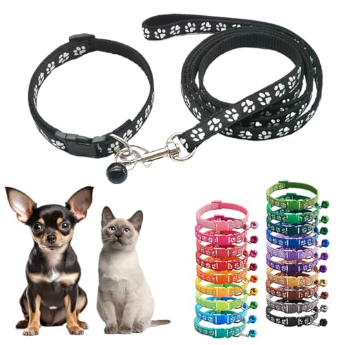 XXS Hundehalsband und Leine, Set mit Glöckchen, schwarzes Nylon, Pfotenhalsband, Mädchen, weiblich, niedlich, ausgefallenes Welpenhalsband mit Glöckchen, für XXS, XS, kleine Kätzchen, Jungen, von Teleyi