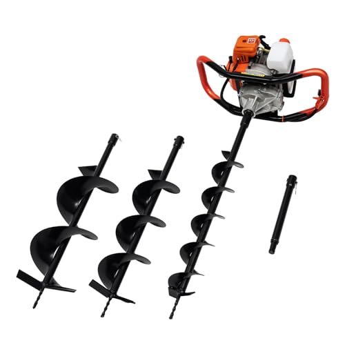 Tenddya 52CC Benzin Erdbohrer Set, 2-Takt 2.4PS Motor Gartenbohrer Pfahlbohrer Handheld Erdbohrer Erdbohrgerät mit 3 Bohrschnecken 4" 6" 8" Bohrer von Tenddya