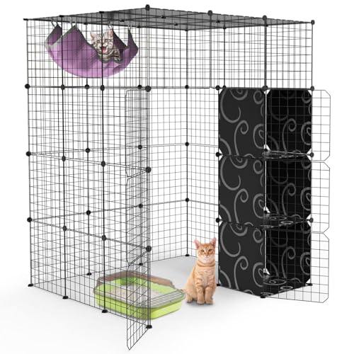 TeqHome Großer 4-stöckiger Katzenkäfig, für den Innenbereich, biegsamer Katzenlaufstall, 7,6 x 7,6 x 10,2 cm, abnehmbarer Metalldraht, Hundehütte, Katzenkiste, Hausbox mit Hängematte und Stauraum für von TeqHome