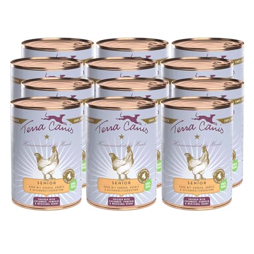 Terra Canis Huhn, Gurke, Kürbis & Gesundheitskräuter - Senior Nassfutter, 12x400g I Premium Hundefutter in 100% Lebensmittelqualität Aller Rohstoffe I Reichhaltig & gesund I Allergen- & getreidearm von Terra Canis