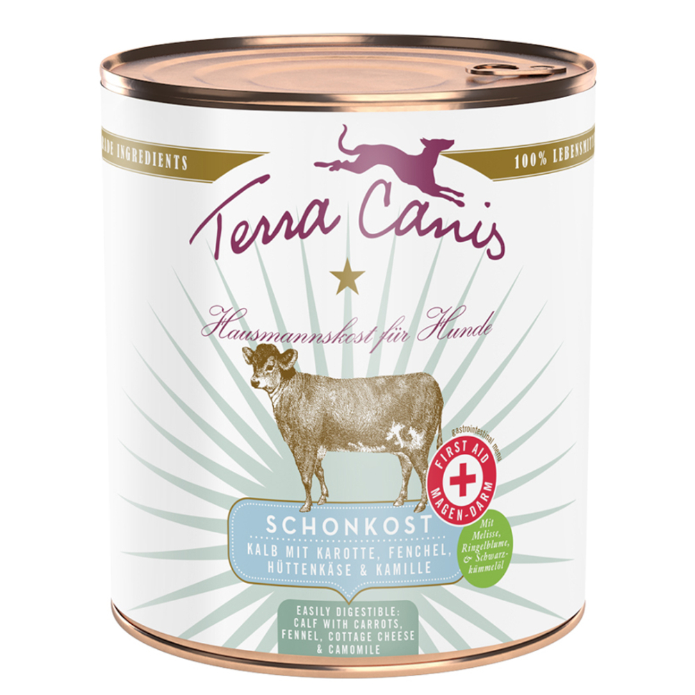 Sparpaket Terra Canis First Aid Schonkost 12 x 800 g - Kalb mit Karotte, Fenchel, Hüttenkäse & Kamille von Terra Canis