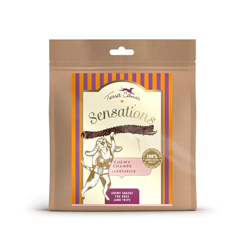 Terra Canis Sensations Chewy Champs - Lammpansen 150g I Natürliche, getrocknete Kauartikel I Beschäftigung durch Kauen | Zur Vorbeugung von Zahnsteinbildung | Ergänzungsfuttermittel für Hunde von Terra Canis