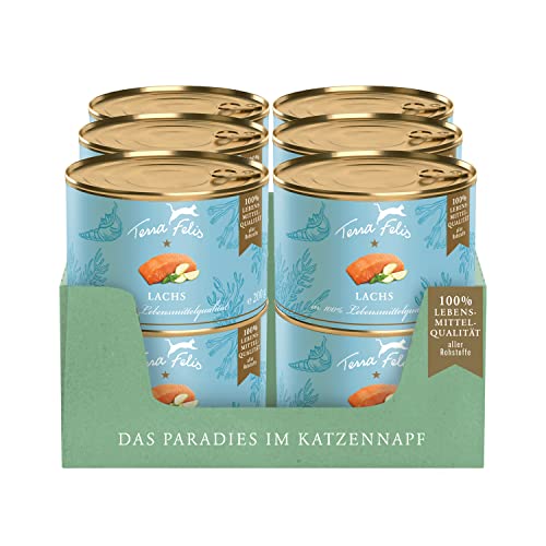 TERRA FELIS Lachs, Mono-Protein Nassfutter, 12x200g I Premium Katzennahrung in 100% Lebensmittelqualität Aller Rohstoffe I Hohe Akzeptanz, 90% Fleischanteil, getreidefrei I Alleinfuttermittel von Terra Felis