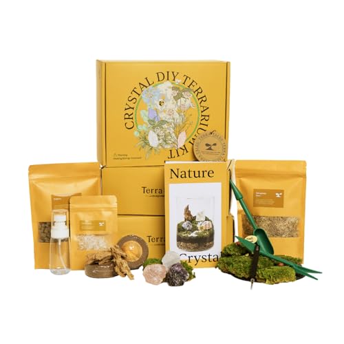 Terra Tales Crystal DIY Terrarium Kit Geschenkset - Konserviertes Moos, Bims, Kokosnuss, Kristalle, Kiefernrinde, Minifiguren & Werkzeuge - Komplettes Terrarium Kit für Garten & Pflanzendekoration von Terra Tales