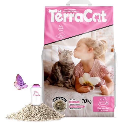 TerraCat Katzenstreu, 12.5L - 10Kg, 100% Natürlicher Griechischer Bentonit Klumpstreu, Hohe Saugfähigkeit für Katzen, Staubfrei, Babypuder Duft von TerraCat