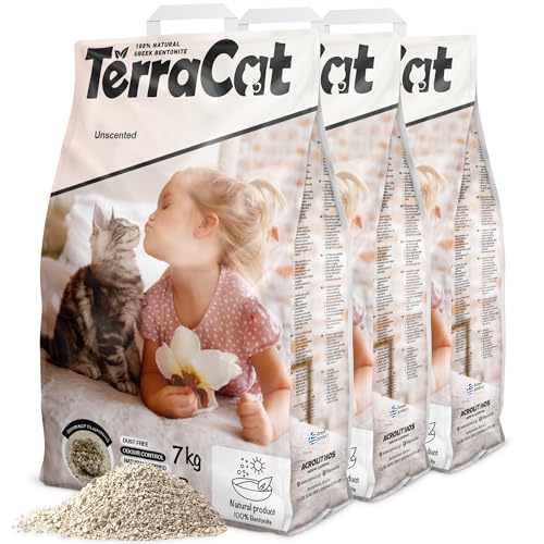 TerraCat katzenstreu, 27L - 3er Pack Cat Litter, 100% Griechischer Bentonit Katzenstreu Klumpstreu, Hohe Saugfähigkeit Klumpstreu für Katzen, Staubfrei Katzenstreu Klumpend, Unparfümiert, 21Kg von Terracat