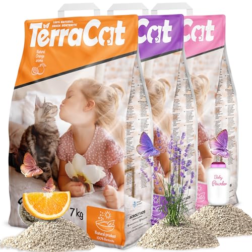 TerraCat Katzenstreu, 27L-3er Pack, 100% Bentonit Klumpstreu, Hohe Saugfähigkeit für Katzen, Staubfrei Klumpend, Babypuder-Orange-Lavendel Duft, 21Kg von Terracat