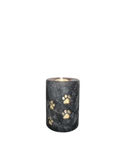 Urne Hund – Urne Katze aus Glas mit Pfotenabdruck – Handdekorierte Gedenkkerze – Ascheurne für Haustiere – Farben: Schwarz-Gold oder Gold-Schwarz – Höhe: 9 cm oder 13 cm (Schwarz-Gold, Höhe: 13 cm) von Terroso