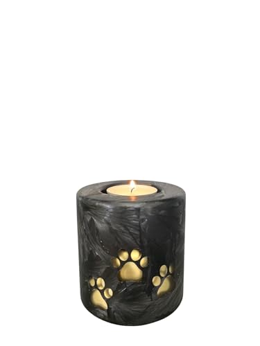 Urne Hund – Urne Katze aus Glas mit Pfotenabdruck – Handdekorierte Gedenkkerze – Ascheurne für Haustiere – Farben: Schwarz-Gold oder Gold-Schwarz – Höhe: 9 cm oder 13 cm (Schwarz-Gold, Höhe: 9 cm) von Terroso