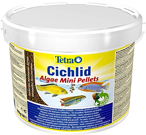 Tetra Cichlid Algae Mini Pellets (Hauptfutter mit Spirulina Algen für die besonderen Ernährungsbedürfnisse von kleineren, alles- und pflanzenfressenden Cichliden), 10 Liter Eimer von Tetra