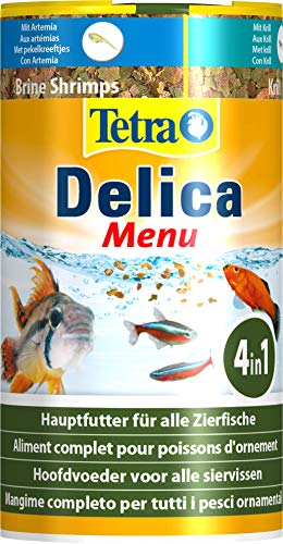 Tetra Delica Menu Naturfutter - 4 verschiedenen Futtertier-Sorten in einzelnen Kammern (Wasserflöhe, Artemia, Krill, Gammarus), natürliche Snacks für Zierfische, 100 ml Dose von Tetra