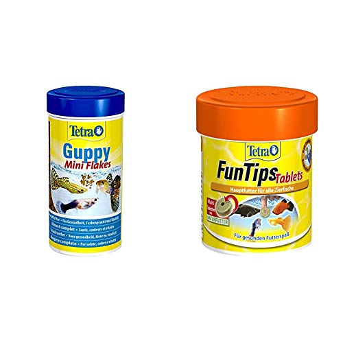 Tetra Guppy Mini Flakes, ausgewogenes, nährstoffreiches Flockenfutter für Guppies, Verschiedene Sorten & FunTips Tablets, Haft Futtertabletten als Hauptfutter für alle Zierfische, Verschiedene Größen von Tetra
