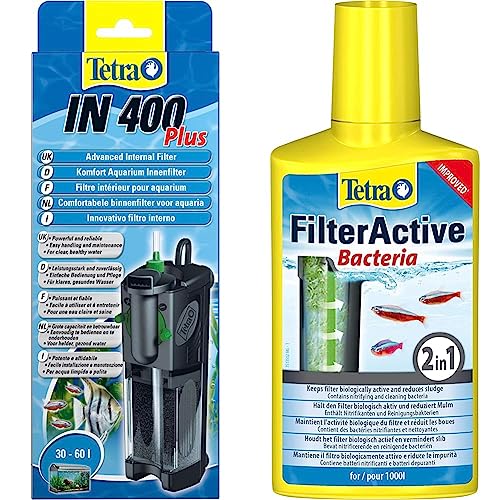 Tetra IN 400 Plus Aquarium Innenfilter - Filter für klares und gesundes Wasser & FilterActive Bacteria - 2in1 Mix aus lebenden Starterbakterien und schlammreduzierenden Reinigungsbakterien von Tetra