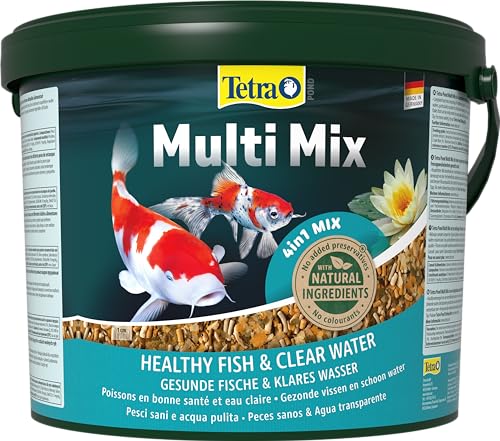 Tetra Pond Multi Mix – Fischfutter für verschiedene Teichfische mit vier Futtersorten (Flockenfutter, Futtersticks, Gammarus, Wafer), 10 L Eimer von Tetra