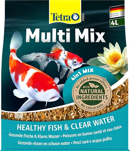 Tetra Pond Multi Mix – Fischfutter für verschiedene Teichfische mit vier Futtersorten (Flockenfutter, Futtersticks, Gammarus, Wafer), 4 L Beutel von Tetra