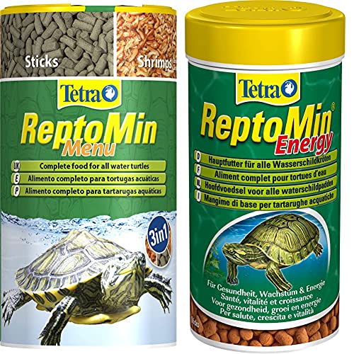 Tetra ReptoMin Menu Schildkröten-Futter, abwechslungsreiches 3in1 Futter mit Pellets, Krill und Shrimps für Wasserschildkröten, 250 ml Dose & ReptoMin Energy Schildkröten-Futter, 250 ml Dose von Tetra