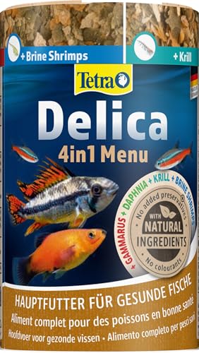 Tetra Delica Menu Naturfutter - 4 verschiedenen Futtertier-Sorten in einzelnen Kammern (Wasserflöhe, Artemia, Krill, Gammarus), natürliche Snacks für Zierfische, 100 ml Dose von Tetra