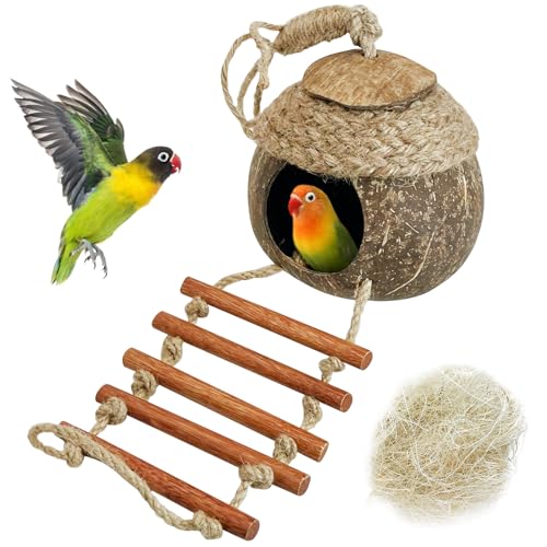 Tfwadmx Kokosnuss-Vogelnest mit Leiter, natürliche Kokosfaser-Schale, hängend, Kokosvogelhaus, Papageienkäfig, Dekoration für Papageien, Sittiche, Lovebird, Finken, Kanarienvögel von Tfwadmx