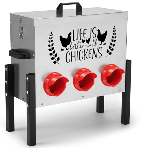 ‎Tgeyd Futterbox für Hühner, 13,6 kg, verzinktes Metall, 6 Futteröffnungen, mit Metall-Futterstation für Hühner, Enten, Gänse von ‎Tgeyd