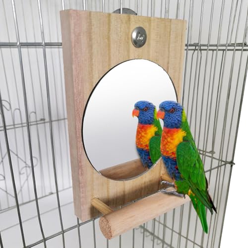 Vogelspiegelständer, Papageien-Sitzstange mit Spiegel und Edelstahl-Futterbechern, Holzspielzeug für Bi-Rd-Käfig, Käfig, Papageien, Sittiche, Lovebi-Rd, Nymphensittiche, Finken, Kanarienvögel von Thaookte