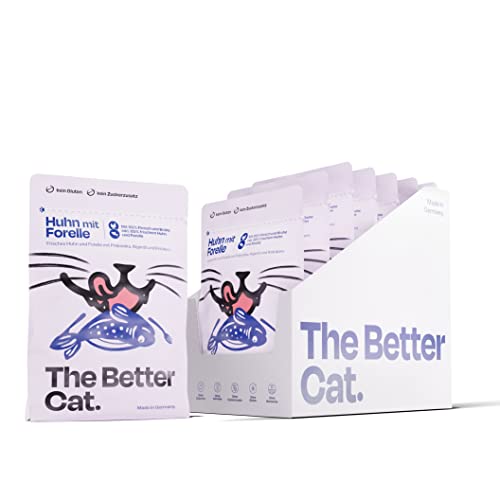 The Better Cat - Getreidefreies Nassfutter mit extra hohem Fleischanteil - Premium Katzenfutter ohne Getreide und ohne Zucker mit Präbiotika (Huhn & Forelle) von The Better Cat