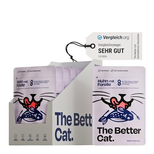 The Better Cat - Getreidefreies Nassfutter mit extra hohem Fleischanteil - Premium Katzenfutter ohne Getreide und ohne Zucker mit Präbiotika (Huhn & Forelle) 12x85g von The Better Cat