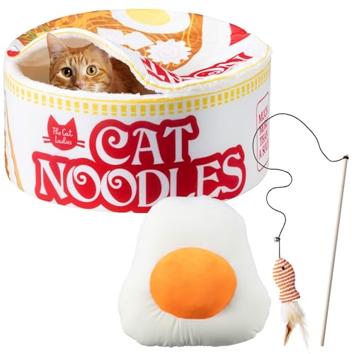 Cat Damen Ramen Katzenbett – gemütliches 5-teiliges weiches Nest-Set mit Deckenkissen und Teaser-Spielzeug – kompaktes Nudelschalen-Themen-Haustierbetten & Möbel – kleines warmes Innenkissen für Cat Damen Ramen Katzenbett – gemütliches 5-teiliges weiches Nest-Set mit Deckenkissen und Teaser-Spielzeug – kompaktes Nudelschalen-Themen-Haustierbetten & Möbel – kleines warmes Innenkissen für von The Cat Ladies
