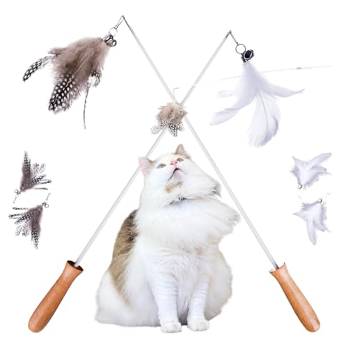 Premium Feder-Teaser Katzenspielzeug, Holzgriff, ausziehbare Stange, 2 Stück, 4 stabile flauschige Federn Premium Feder-Teaser Katzenspielzeug, Holzgriff, ausziehbare Stange, 2 Stück, 4 stabile flauschige Federn von The Cat Park