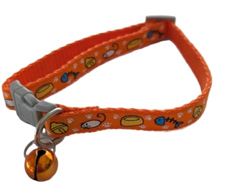 Hundehalsband mit Glocke, verstellbar, Cartoon-Muster, Knochen, Maus, Katze, Orange von The Crafty Owl