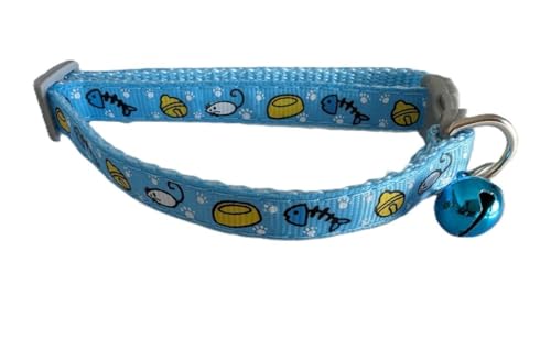 Hundehalsband mit Glocke, verstellbar, Cartoon-Muster, Knochen, Maus und Katze, Blau von The Crafty Owl