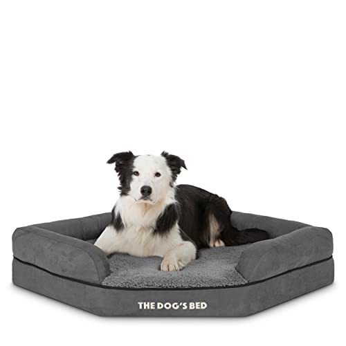 The Dog's Bed Orthopädisches Eck-Hundebett, Memory-Schaum, wasserdicht, groß, grauer Plüsch, lindert Arthritis und Hüftdysplasie, therapeutisch und stützend, waschbarer Plüschbezug von The Dog's Balls