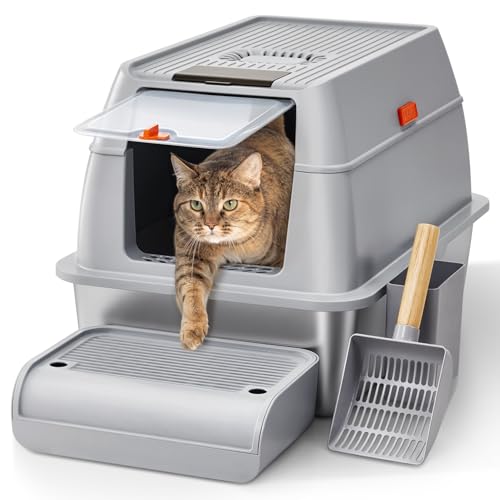The Fellie Edelstahl Katzenklo mit Deckel, XXL Katzenklo Edelstahl mit Schaufel & Pedals, Geruchsresistent, Groß Katzentoilette für Katzen, Leicht zu Reinigen, Nicht klebrig Metal Katzentoilette, Grau von The Fellie