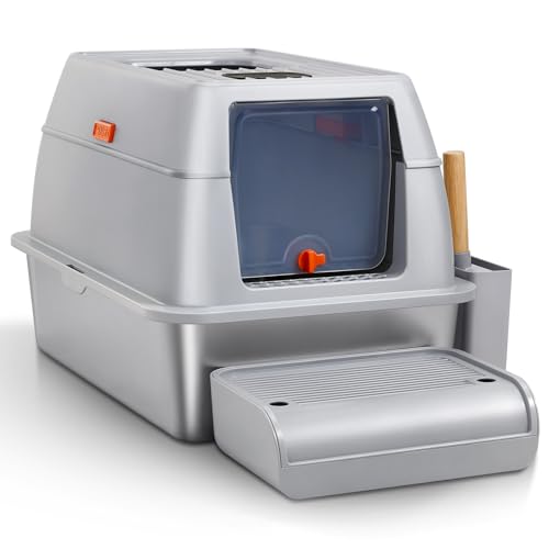 The Fellie Edelstahl Katzenklo XXL, Katzenklo mit Deckel & Pedals, Geruchsdicht, Katzentoilette mit Schaufel & Matte, Metall Katzentoilette Geschlossene für Große Katzen, Leicht zu Reinigen, Grau von The Fellie