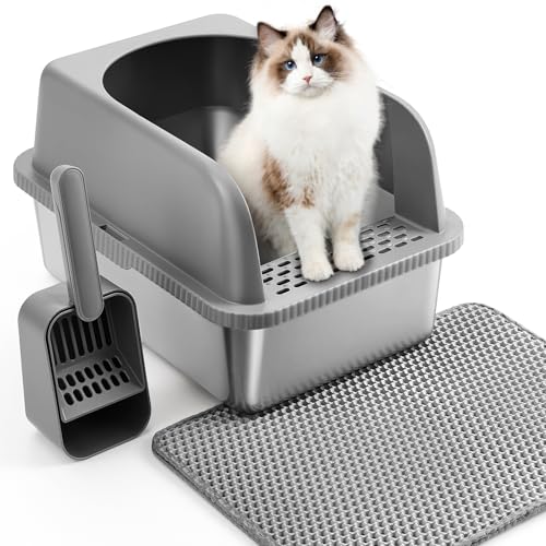 The Fellie Katzentoilette aus Edelstahl, Kätzchentoilette mit rutschfester Unterseite, große Katzentoilette mit hoher Seite, Anti-Auslauf, leicht zu reinigen und Geruchskontrolle, Schaufel und Matte von The Fellie