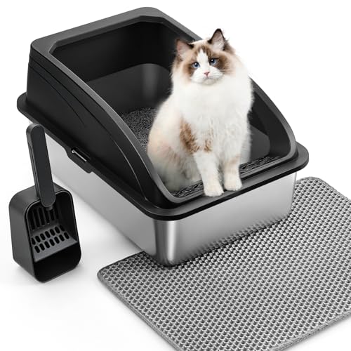 The Fellie Katzentoilette aus Edelstahl, extra groß, Kätzchentoilette, rutschfeste Unterseite, hohe Seiten, Anti-Auslaufen, leicht zu reinigen und Geruchskontrolle, mit Schaufel und Matte, schwarz, 60 von The Fellie