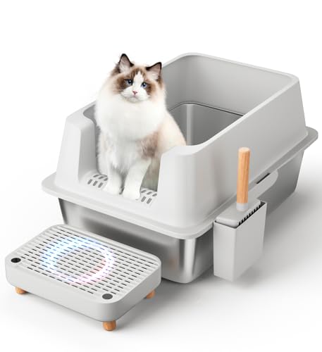 The Fellie Katzenklo Edelstahl XXL, Große Katzentoilette Edelstahl für Alle Katzen, Auslaufsiches Katzenklo mit Hohem Rand, Pedals & Schaufel, Leicht zu Reinigen, 60x40x30cm (Grau) von The Fellie