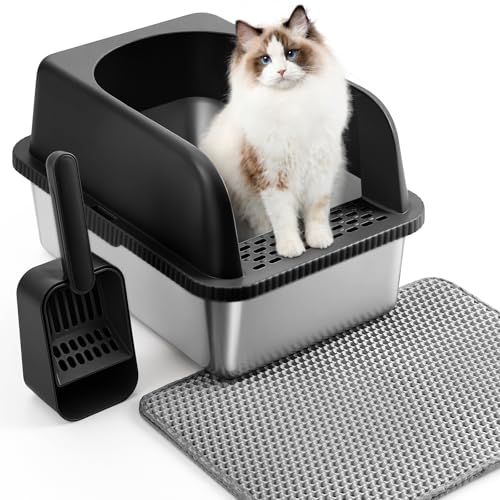 The Fellie Katzentoilette aus Edelstahl, große Katzentoilette mit hoher Seite, Anti-Auslauf, Kätzchentoilette mit rutschfester Unterseite, einfache Reinigung und Geruchskontrolle, Schaufel und Matte von The Fellie