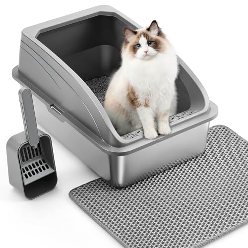 The Fellie Katzentoilette aus Edelstahl, große Katzentoilette mit rutschfester Unterseite, Kätzchentoilette, hohe Seiten, Anti-Auslaufen, einfache Reinigung und Geruchskontrolle, Schaufel und Matte von The Fellie