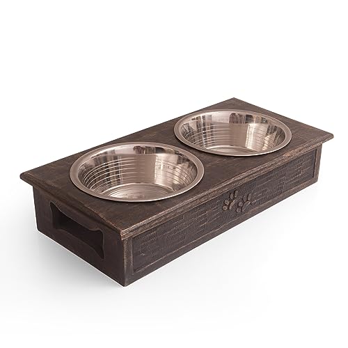 Pet Dog Water & Food Bowl Feeder Dish Elevated Raised Stainless Steel Metal Cups Set Of 2 With Premium Wood Stand Rust Resistant Food Grade Dry & Wet Food, Weighted & Durable, No Spill, Natural Brown von The Great Indian Bazaar