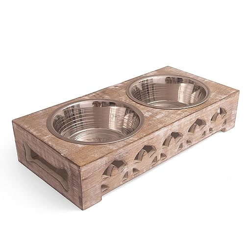 Pet Dog Water & Food Bowl Feeder Dish Elevated Raised Stainless Steel Metal Cups Set of 2 with Premium Wood Stand Rust Resistant Food Grade Dry & Wet Food, Weighted & Durable, No Spill, Natural Brown von The Great Indian Bazaar