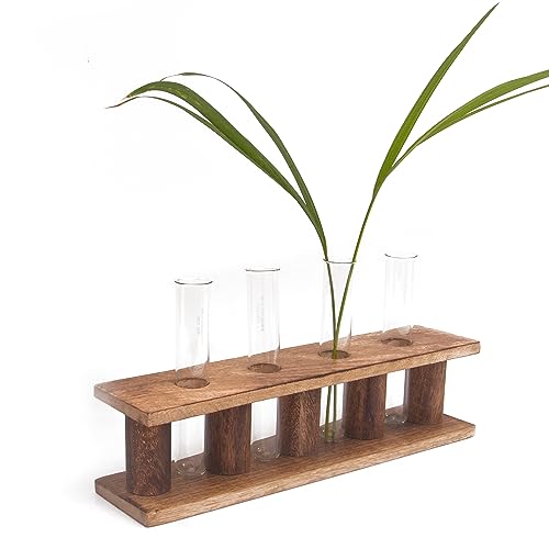 Pflanzenvermehrungsstationsständer aus Holz mit vier Reagenzgläsern für den Innenbereich, Desktop-Terrarium für Hydrokultur, Wasserpflanzenschneiden, Blumenvase, braun, Tubes tand von The Great Indian Bazaar