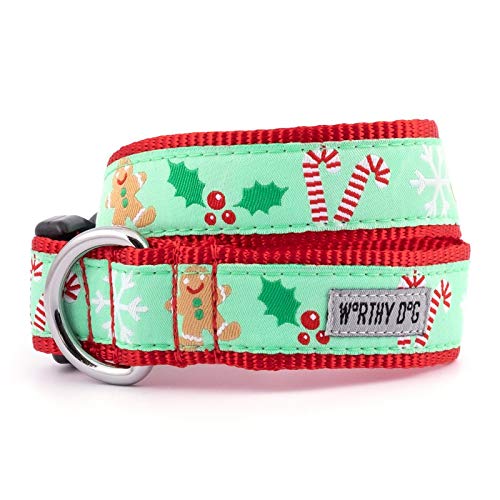 The Worthy Dog Lebkuchenmann-Zuckerstangen Schneeflocke Weihnachtsmuster bequemes Nylon-Gurtband mit seitlicher Schnalle für Hunde – passend für kleine, mittelgroße und große Hunde, mintgrüne Farbe von The Worthy Dog