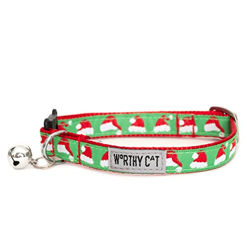 The Worthy Dog Santa Hats Breakaway Verstellbares Katzenhalsband, Kätzchenhalsband für Katze mit Glocke, bequemes und langlebiges Nylon-Gurtband, Grün, Einheitsgröße von The Worthy Dog