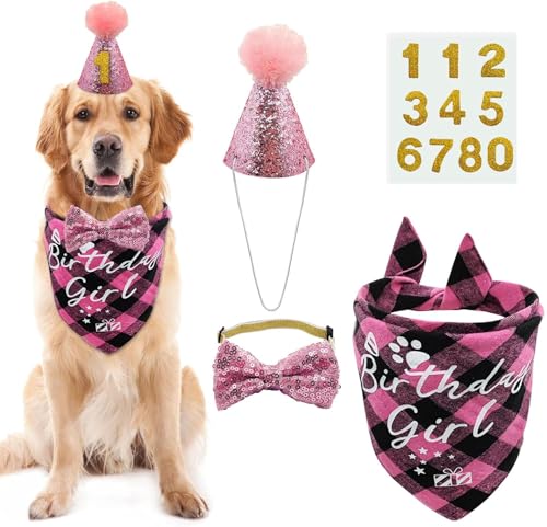Hunde-Geburtstagsparty-Zubehör, wiederverwendbares Hunde-Geburtstagstuch-Set, glitzernder Hunde-Geburtstagshut, Fliege, Zahlen für große, extra große Hunde, Haustiere, Geburtstagsdekoration (Rosa, L) Hunde-Geburtstagsparty-Zubehör, wiederverwendbares Hunde-Geburtstagstuch-Set, glitzernder Hunde-Geburtstagshut, Fliege, Zahlen für große, extra große Hunde, Haustiere, Geburtstagsdekoration (Rosa, L) von Theaque