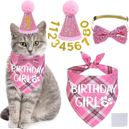 Katzengeburtstagsparty-Zubehör, Katzen-Geburtstagshut mit Geburtstagsnummer, Katzen-Geburtstag, Bandana, Mädchen, Fliege, Halsband, Katzen-Geburtstags-Outfits für Katze, Kätzchen, Katzengeburtstagsparty-Zubehör, Katzen-Geburtstagshut mit Geburtstagsnummer, Katzen-Geburtstag, Bandana, Mädchen, Fliege, Halsband, Katzen-Geburtstags-Outfits für Katze, Kätzchen, von Theaque