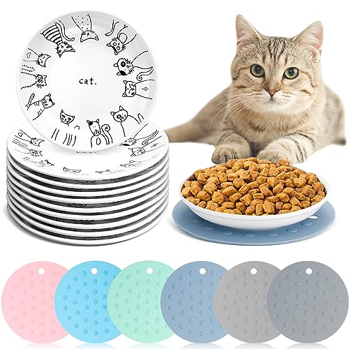 6 Stück Whisker Fatigue Katzennäpfe mit 6 Stück Silikon Anti-Rutsch-Matte, Keramik-Katzenfutterteller, Katzennassfutternapf, flacher Katzenfutternapf zum Füttern von Kätzchen, kleinen Haustieren, von Thenshop
