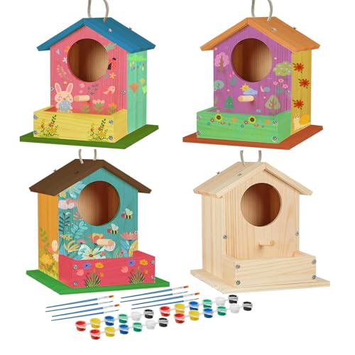 Vogelhaus-Set für Erwachsene, Holz-Bastelset, Holzbearbeitung, Freistil-Malerei, Kunst- und Bastelprojekte mit Farben und Pinseln, hängendes Vogelhaus für Garten, Hof, Dekoration, Geschenke (4 Stück) von Thick&Thin