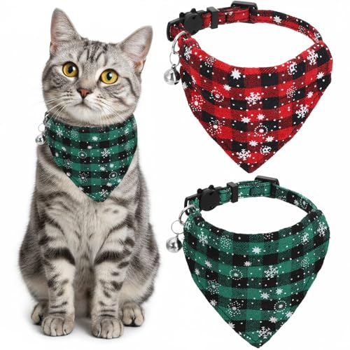 Thinp 2 x Weihnachts-Katzen-Bandana-Halsband, Katzen-Weihnachtshalsband mit Glöckchen, verstellbares Schneeflocken-Bandana für Katzen, niedlich, rot, grün, kariert, Halsbänder für Katzen und Kätzchen Thinp 2 x Weihnachts-Katzen-Bandana-Halsband, Katzen-Weihnachtshalsband mit Glöckchen, verstellbares Schneeflocken-Bandana für Katzen, niedlich, rot, grün, kariert, Halsbänder für Katzen und Kätzchen von Thinp