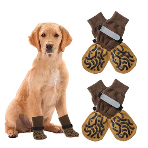 Thoquene 2 Paar Anti Rutsch Socken Hunde, Antirutschsocken Hund Doppelseitige, Hundesocken mit Verstellbaren Riemen(Braun,M) von Thoquene