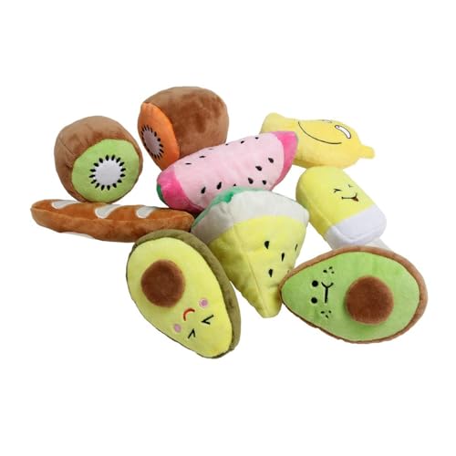 Threegoat 9 Stück Plüschspielzeug für Haustiere, Welpen, Katzen, Obst, Brot, Kauspielzeug von Threegoat